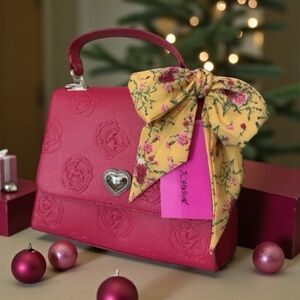 BETSY JOHNSON Red XOMANDY  Embossed Top Handle With Scarf